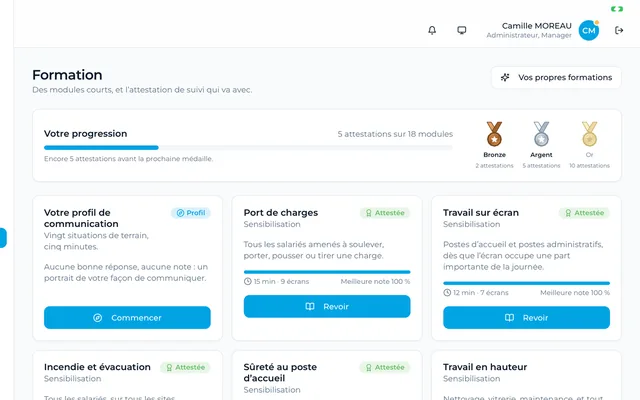 Le catalogue de formations avec les médailles