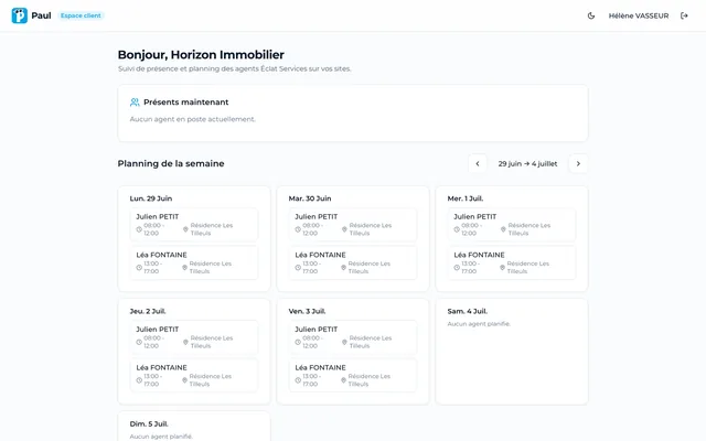 Le portail où le client suit la présence des agents