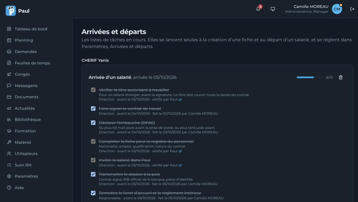 Une liste d’arrivée dans Paul, avec les tâches datées, celles cochées par la direction et celles vérifiées par Paul