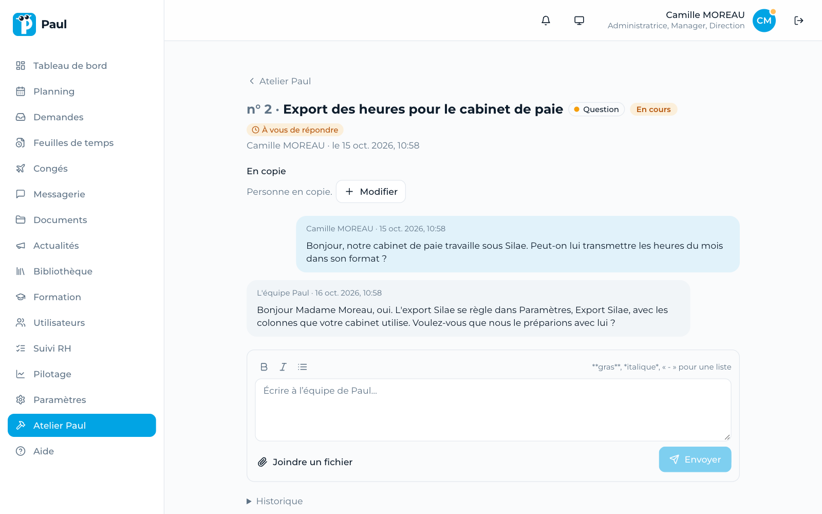 Une demande ouverte dans l’Atelier Paul, avec la question du client et la réponse de l’équipe de Paul
