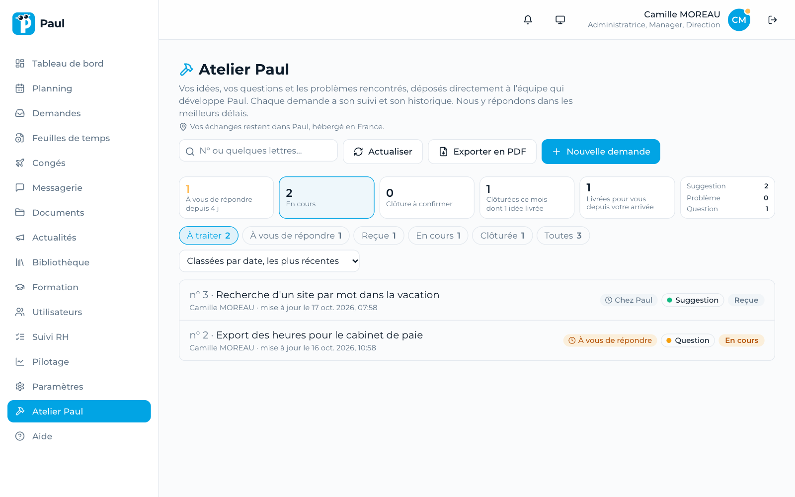 L’Atelier Paul, la liste des demandes d’une entreprise avec leur statut