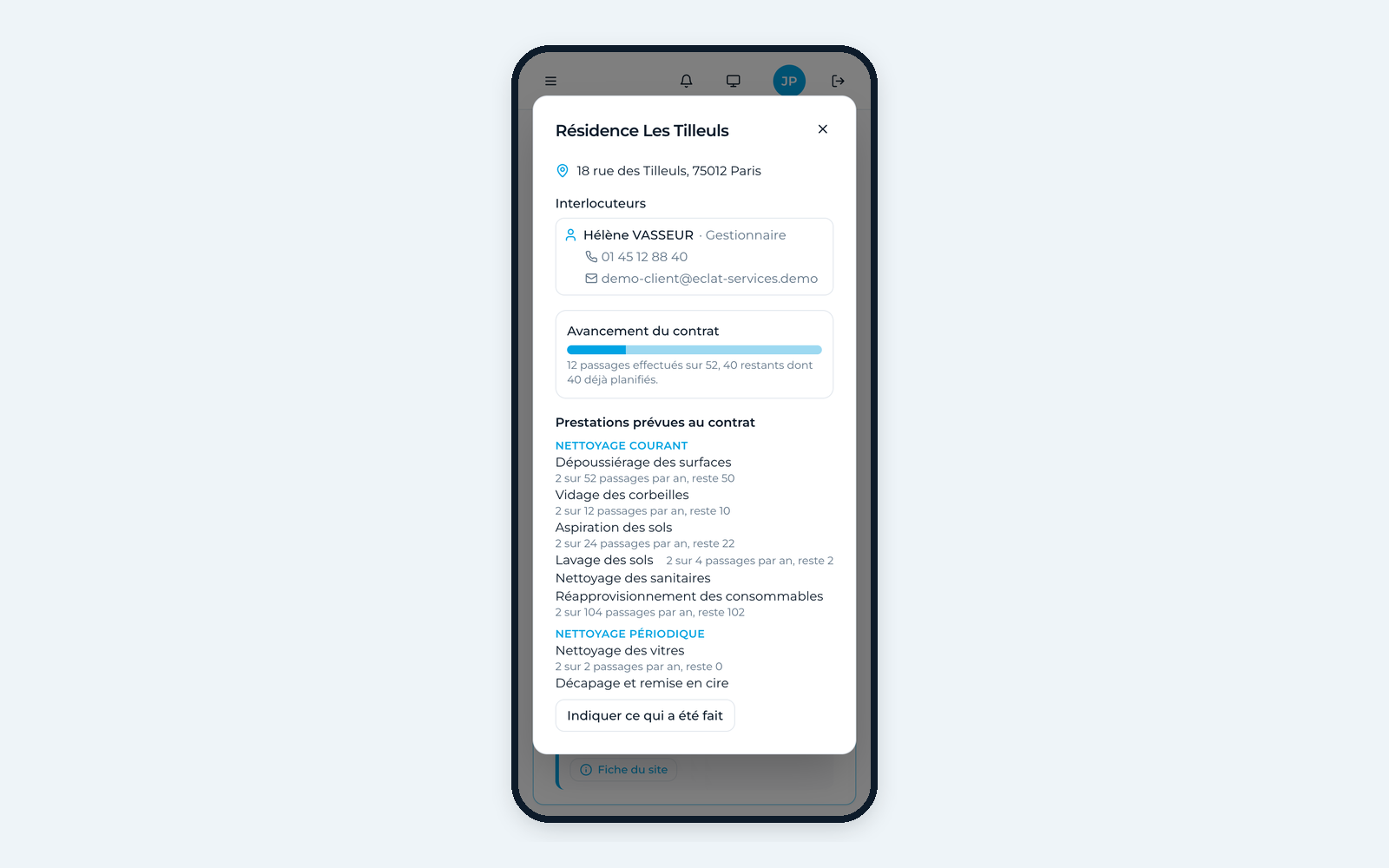 La fiche d’un site sur téléphone, avec la barre d’avancement du contrat et les prestations prévues