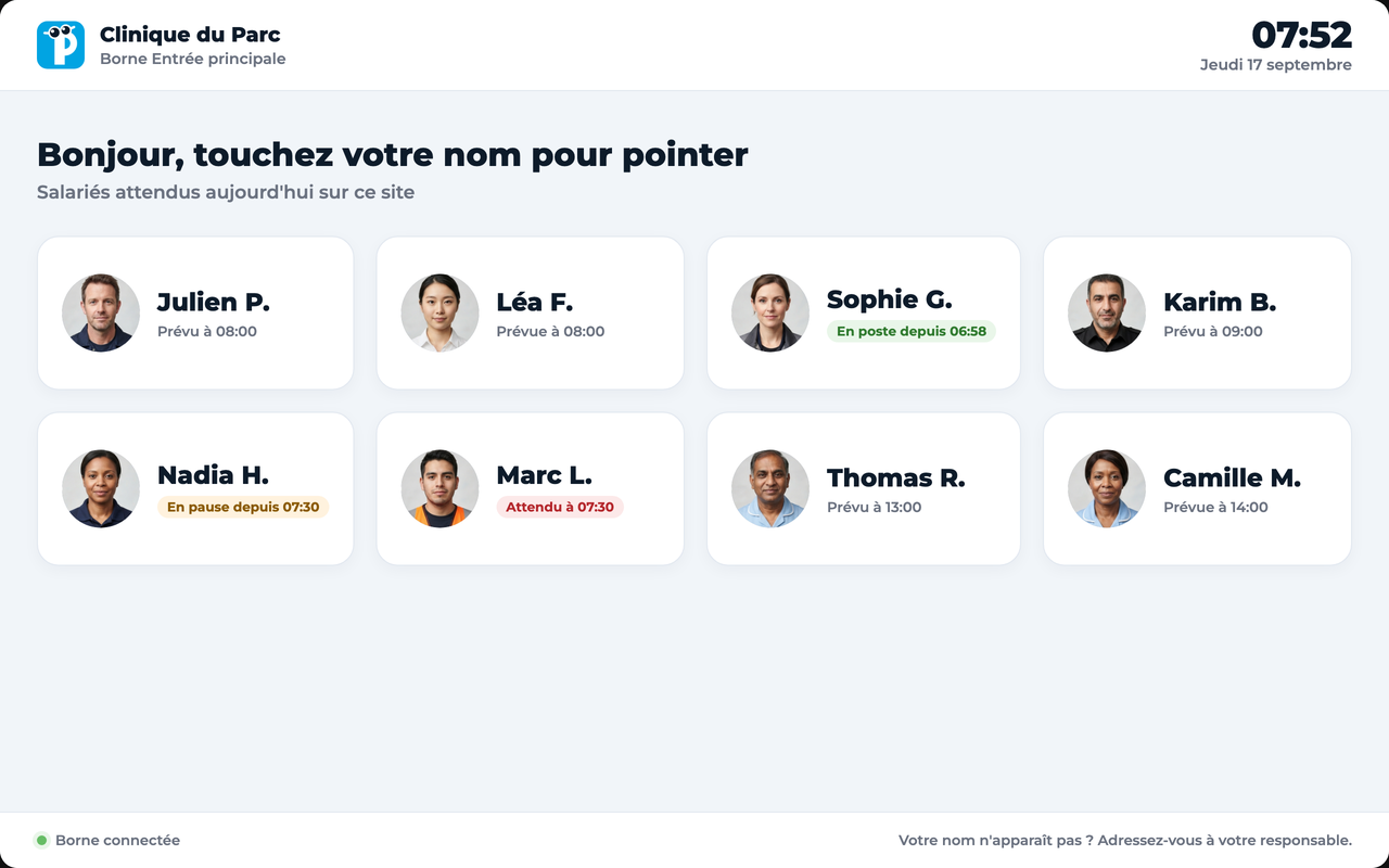 La borne affiche les salariés attendus aujourd'hui sur le site