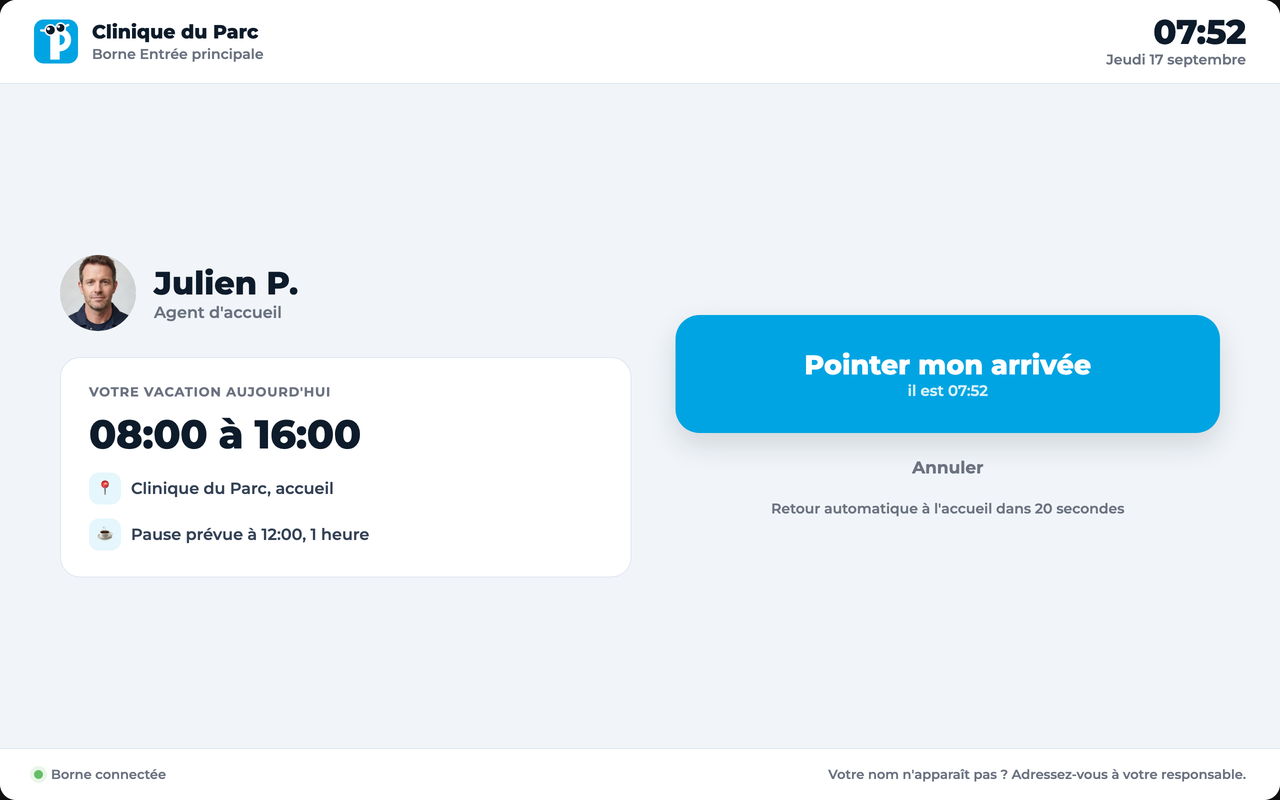 Sa vacation du jour s'affiche avec le bouton Pointer mon arrivée