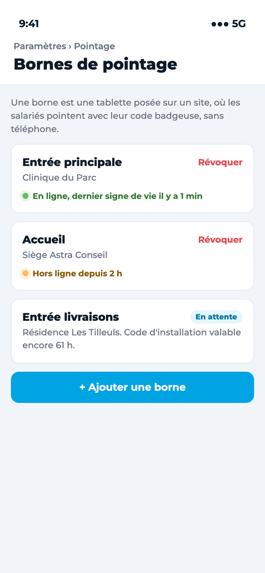Les réglages des bornes dans Paul, sur le téléphone du responsable