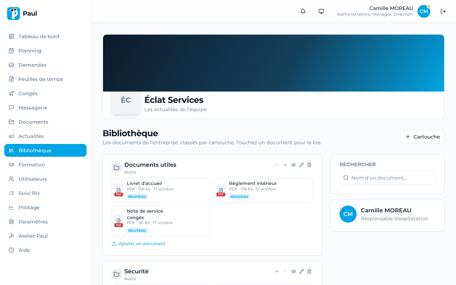 La bibliothèque de Paul, avec les documents rangés par cartouche et la recherche