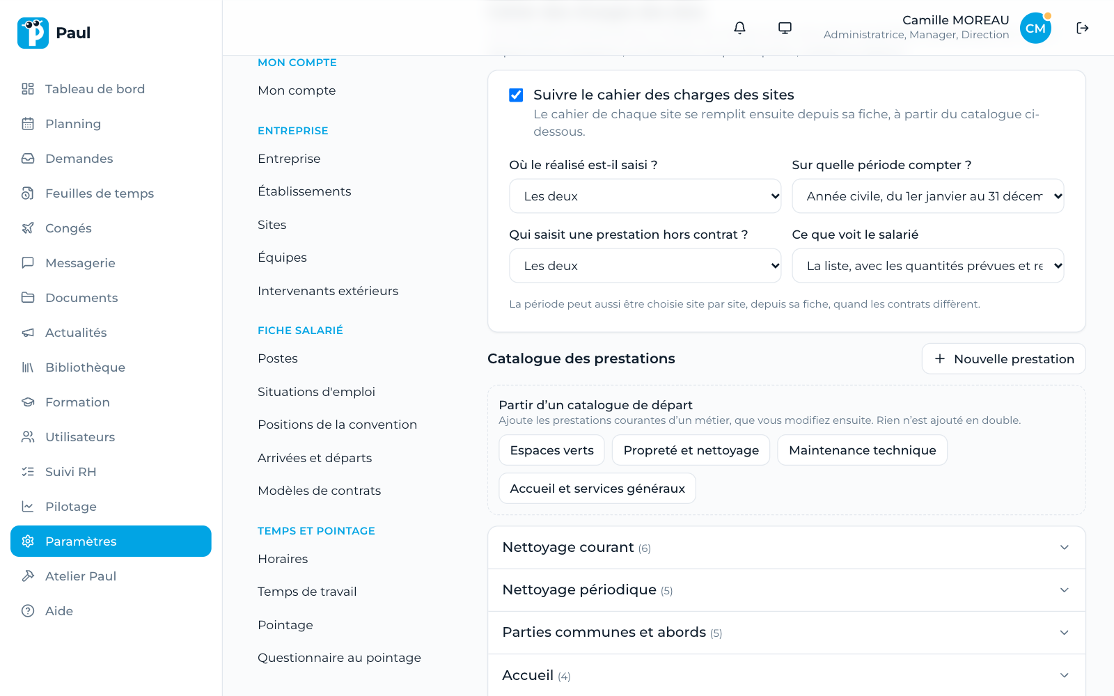 Les réglages du cahier des charges dans Paul et le catalogue des prestations