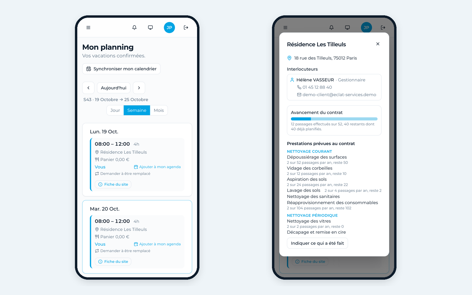 Sur le téléphone du salarié, sa vacation et la fiche du site avec les prestations prévues au contrat