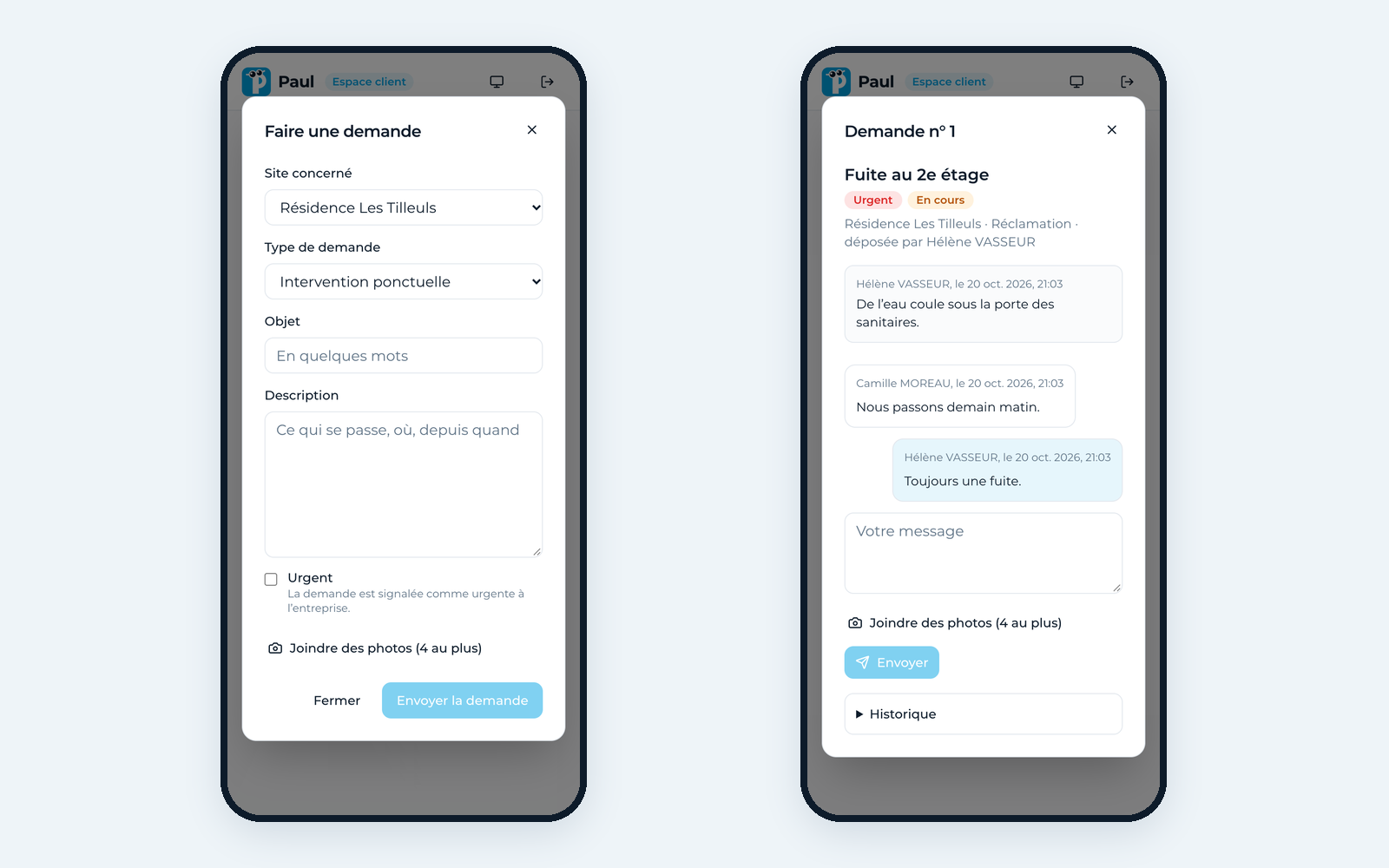 Sur le téléphone du client, le formulaire Faire une demande, puis une demande en cours avec le fil d’échange