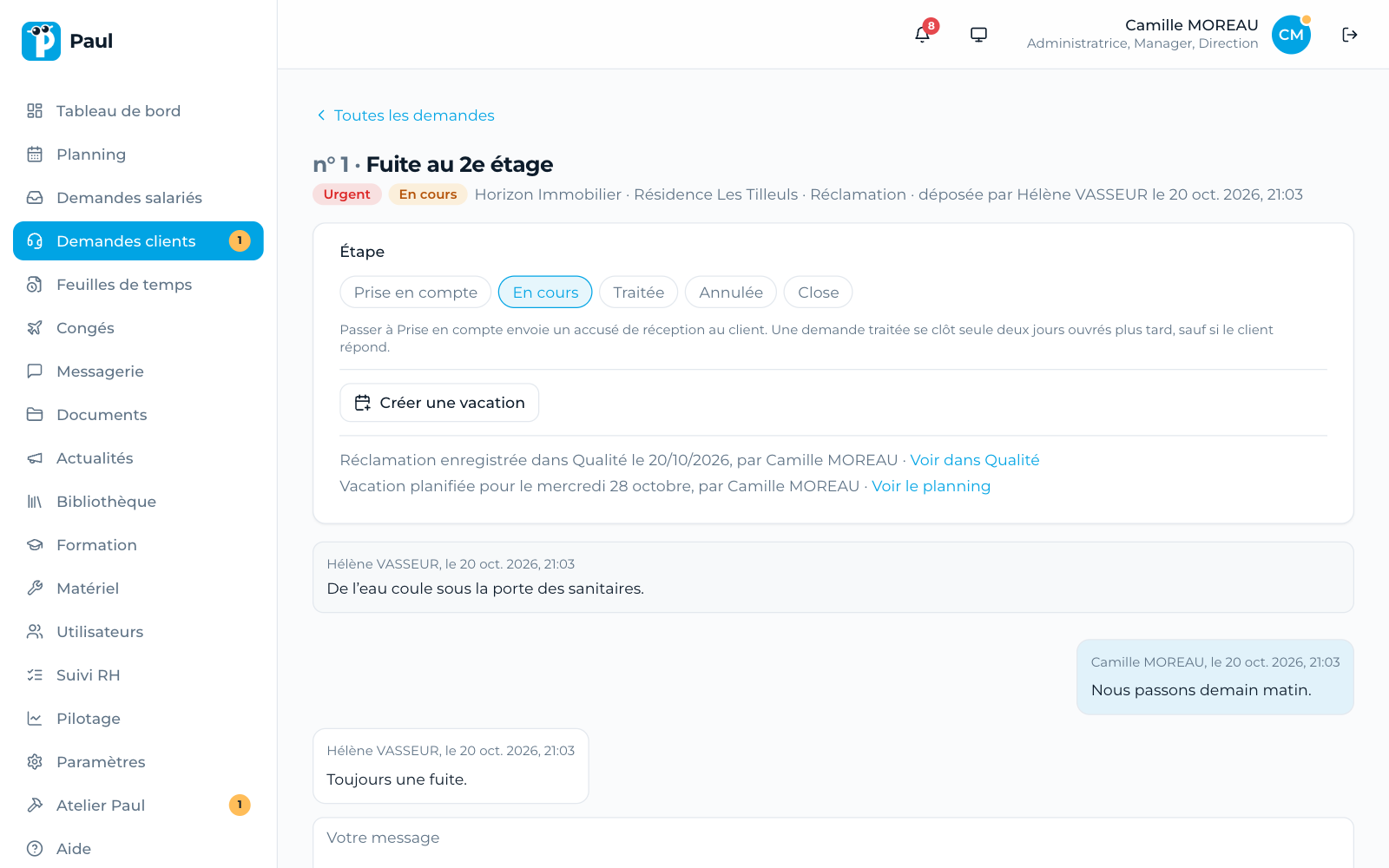 Une demande client ouverte côté entreprise dans Paul, avec ses étapes, ses suites et le fil d’échange avec le client
