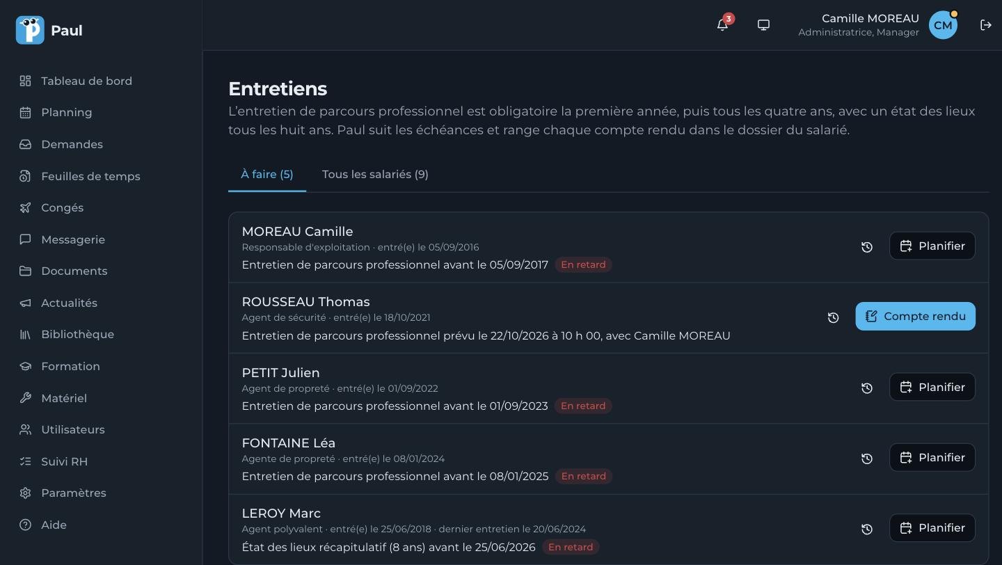 Le suivi des entretiens professionnels dans Paul, avec les échéances de chaque salarié et le bouton Planifier