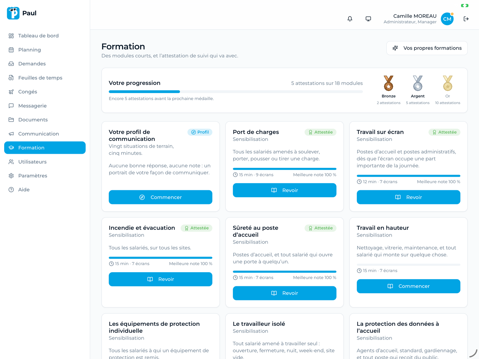 Le catalogue de formations dans Paul : progression, médailles et modules avec leur attestation