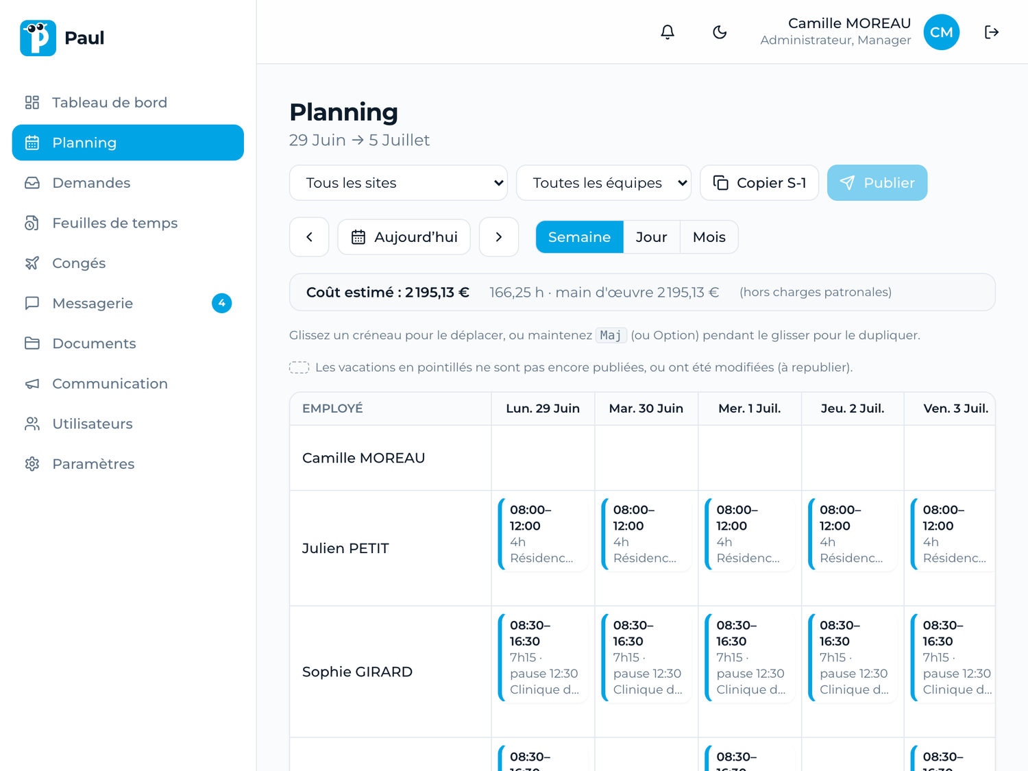 Le planning d'équipe de Paul sur tablette