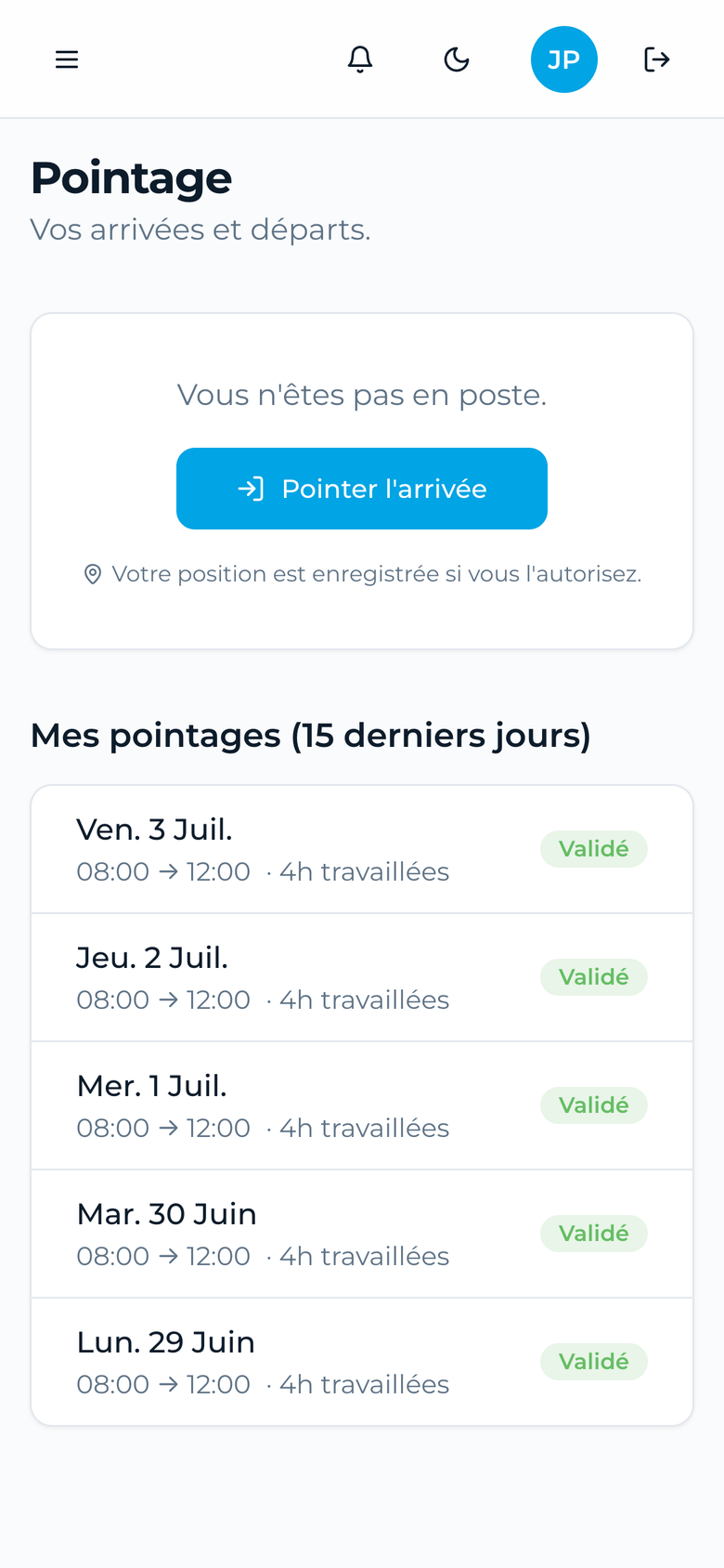 L'application Paul sur téléphone : écran de pointage
