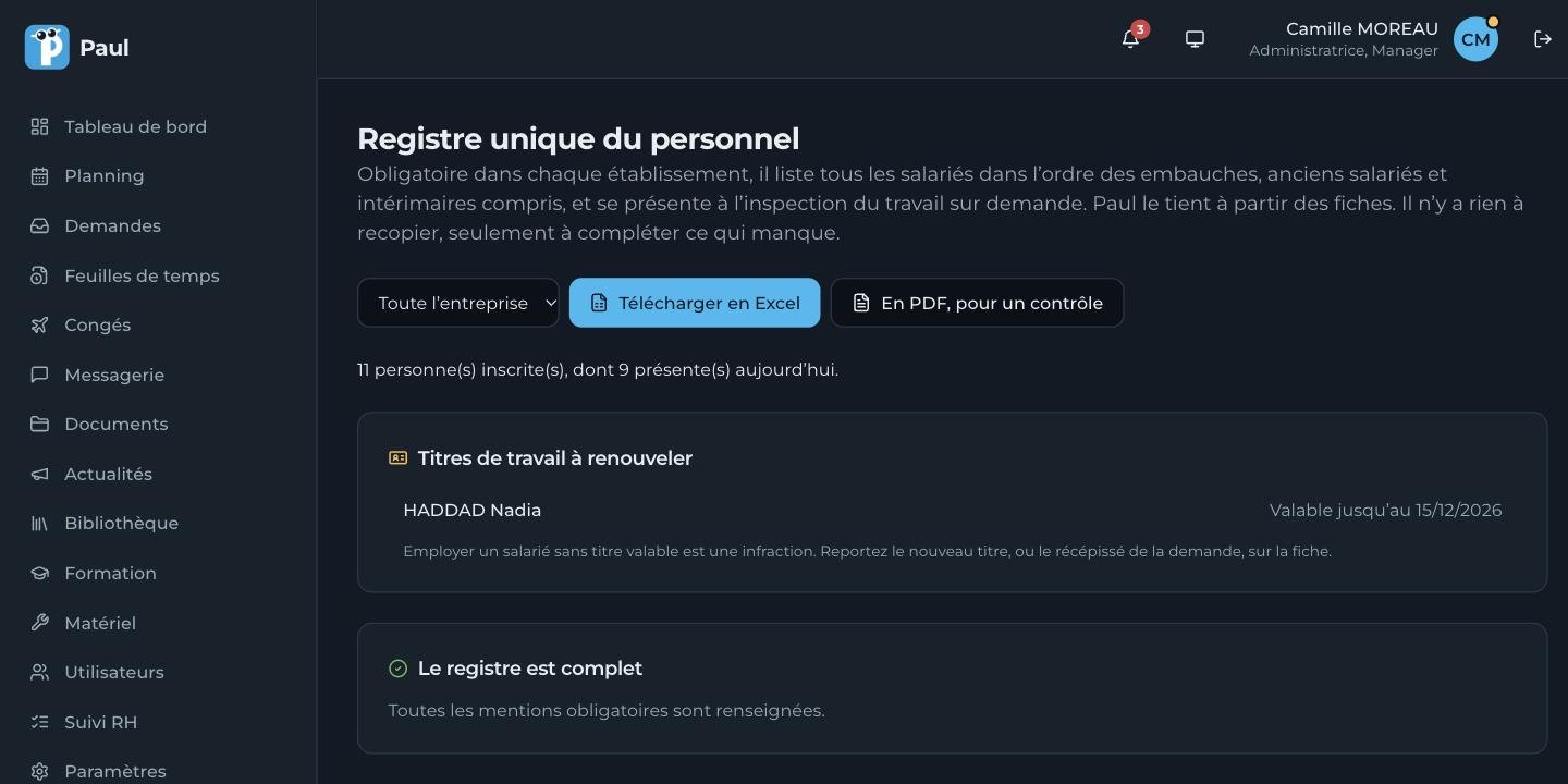 La page du registre unique du personnel dans Paul, avec les téléchargements Excel et PDF, un titre de séjour à renouveler et le registre complet