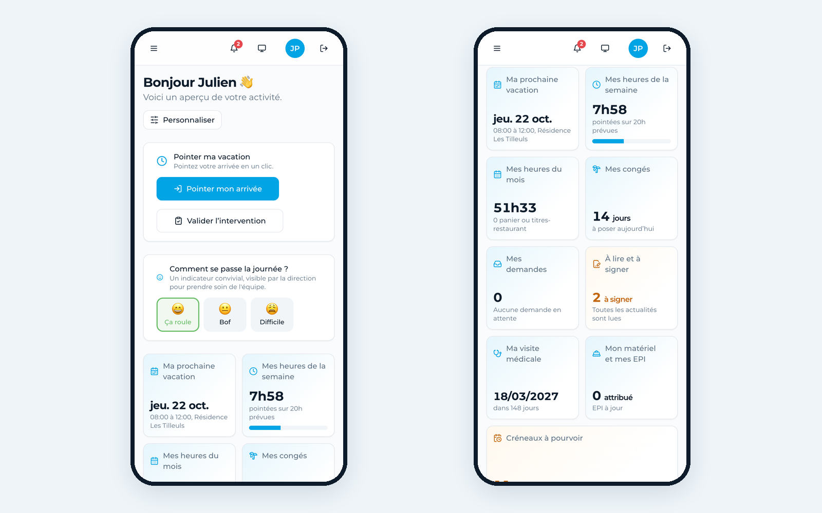 Le tableau de bord du salarié sur téléphone, avec le pointage puis ses tuiles personnelles