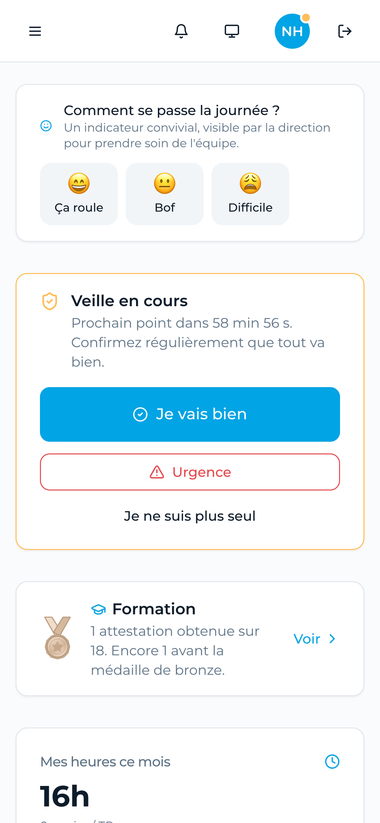 La veille du travailleur isolé sur téléphone : prochain point, bouton « Je vais bien » et bouton d’urgence